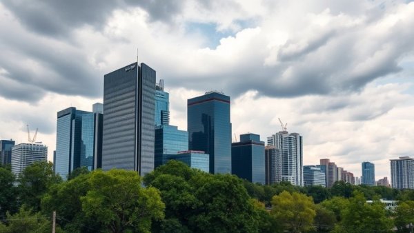 City skyline with modern skyscrapers under cloudy sky.