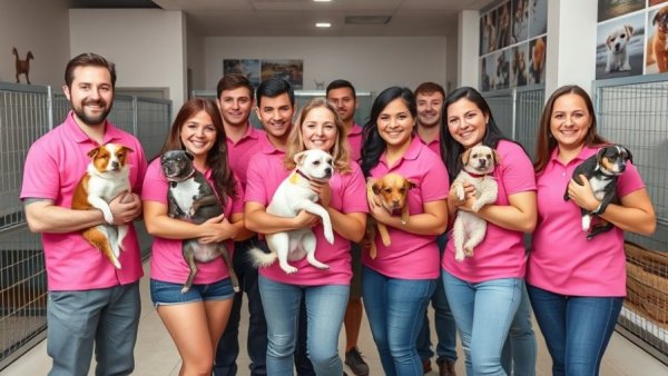 Smiling group with pets in a bright animal shelter, ServiceTitan IPO tradespeople.