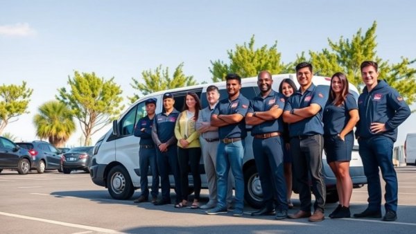 Roofing team posing by company vehicle under clear sky.