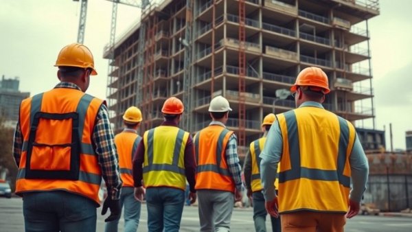 Construction workers in safety vests, building site, employment trends.