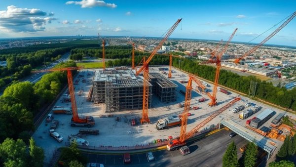 Aerial view of construction site, cranes and vehicles, November.