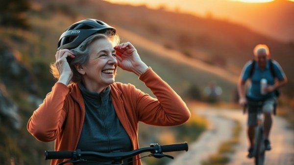 Active seniors biking on a scenic trail, daily habits of financially fit seniors.