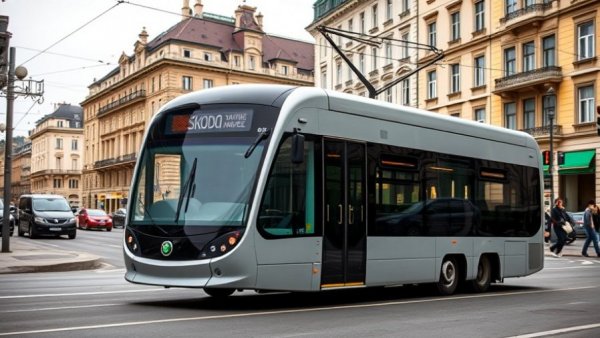 Modern Skoda trolleybus in Sofia on an urban street.