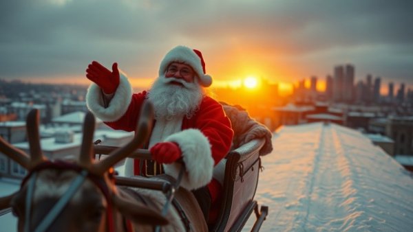 Santa on a rooftop sleigh ride during sunset with reindeer, emphasizing festive rooftop scene.