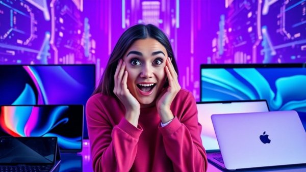 Futuristic Apple products in 2026 with excited woman.