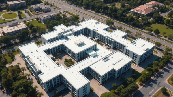 Aerial view of modern building complex with flat white roofs for roofing solutions.