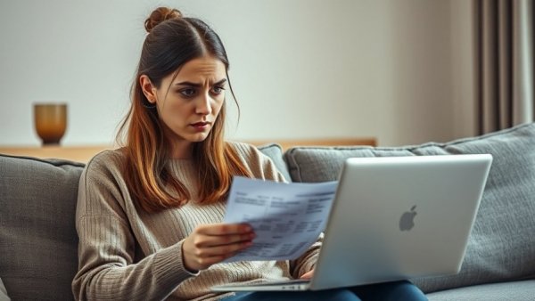 Concerned woman displaying money-shy signs, holding a receipt.