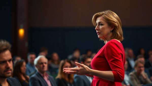 2025 clean energy talk by a woman in a red dress indoors, warmly lit