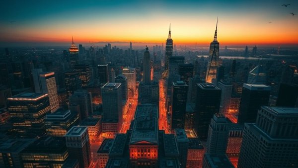 Aerial view of city skyline at dusk with diverse rooftops.