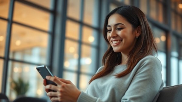 Woman exploring best electricity contract terms on smartphone indoors.