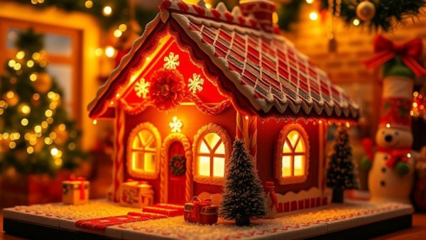 Gingerbread house with solar panels in holiday setting.