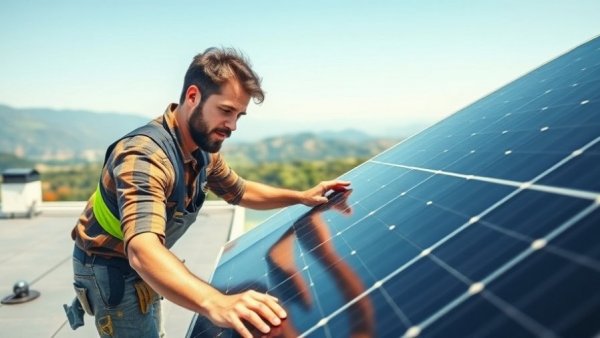 Roofer installing solar panels on a rooftop with mountain view.