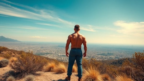 Man on hilltop overlooking city with clear sky, residential solar keyword.