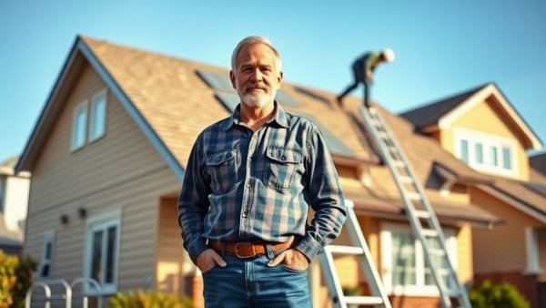 Man in front of townhouse with DryHome Roofing sign, active roofing work.