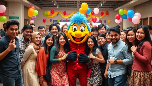Group celebrating at roofing event with mascot and balloons.