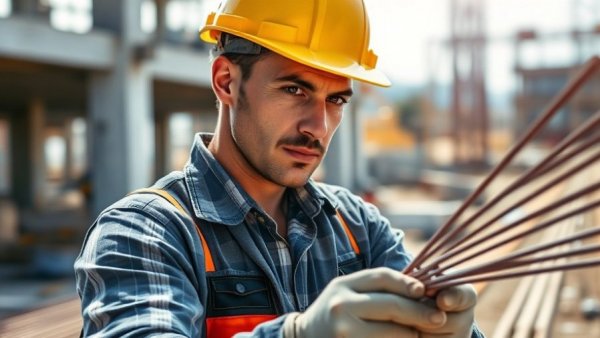 Construction worker handling rebar, 2026 construction outlook.
