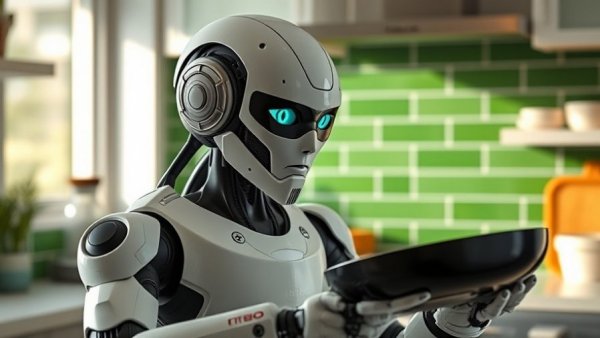 Futuristic robot using home AI technologies in a modern kitchen.