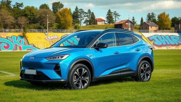 Leapmotor's eye-catching blue SUV showcases on grassy field.