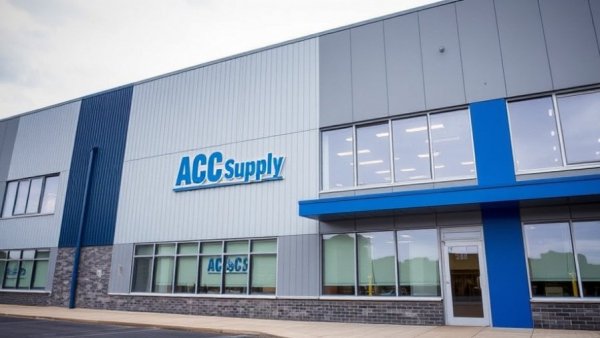 Modern industrial building facade with ABC Supply logo, roofing industry.