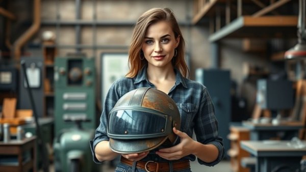 Confident woman in workshop holding helmet, Transform Your Construction Firm.