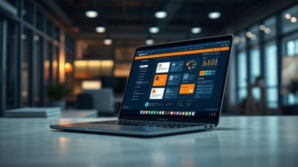 Laptop displaying construction automation software in a dimly lit room for Property Intelligence in Home Renovation.