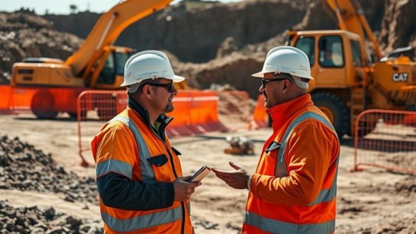 Construction workers discuss site work amid heavy machinery, highlighting construction employment decrease.