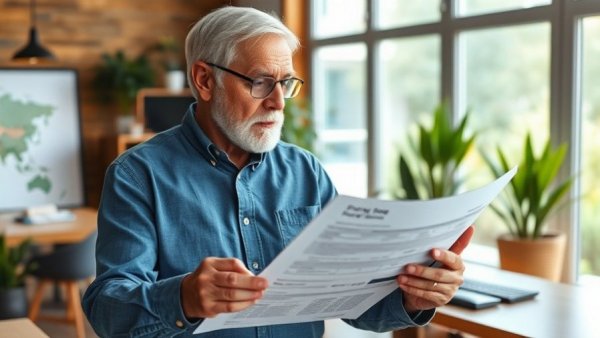 Older man reviewing papers for social security timing decisions in home office.