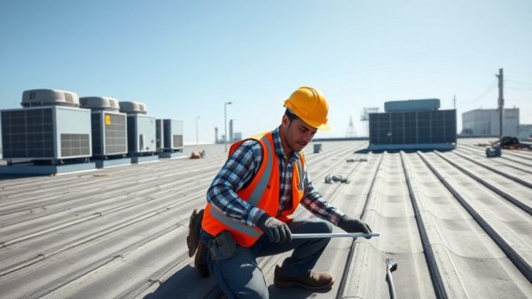 Employee owned roofing worker installing material on commercial roof.