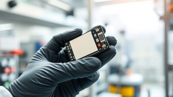 Producing solid-state batteries, gloved hand holding battery component in lab.