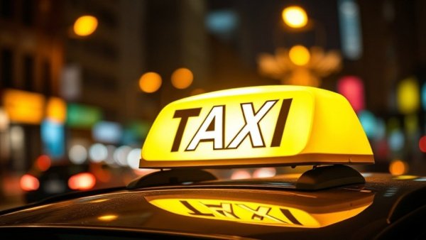 Prague zero-emission taxis glowing sign in urban night setting.