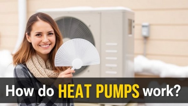 How Heat Pumps Work visually explained with a smiling woman holding a fan next to a heat pump unit.