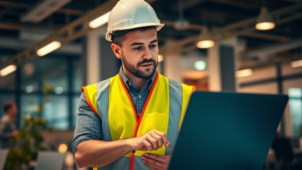 Embracing Technology in Construction Industry: worker using laptop in office.