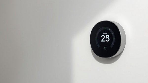 Smart thermostat with user interface on wall, highlighting integration.