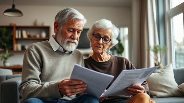 Older couple reviewing mortgage documents in well-lit room.