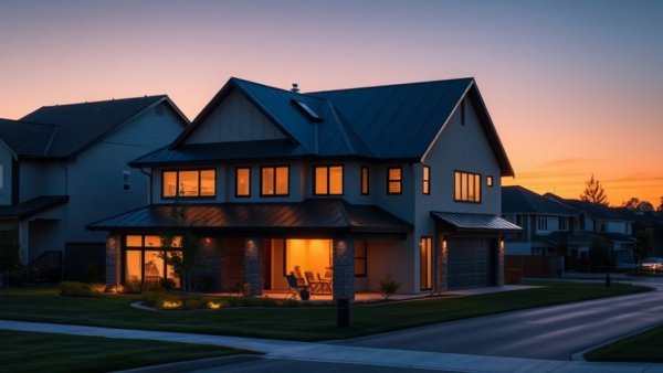 Modern suburban home highlighting roofing acquisition at sunset.