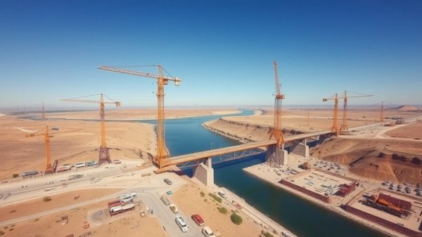 Aerial view of bridge construction, cranes, and landscape; construction costs rise.