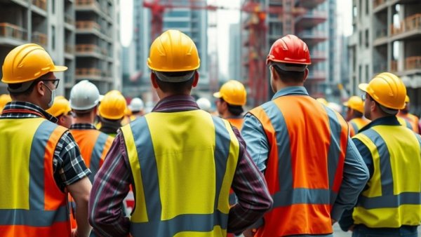 Construction workers observing site, highlighting employment trends 2026.