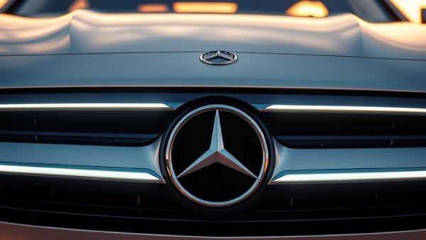 Close-up of Mercedes EQ model grille at sunset in the USA.