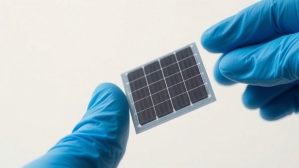 High-efficiency perovskite solar cell held by gloved hand.
