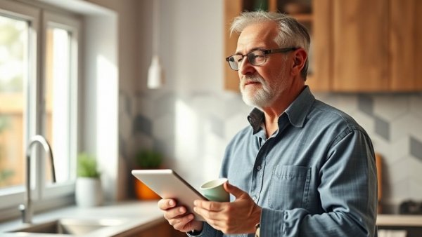 Mature man in kitchen reflecting on financial health for homeowners.
