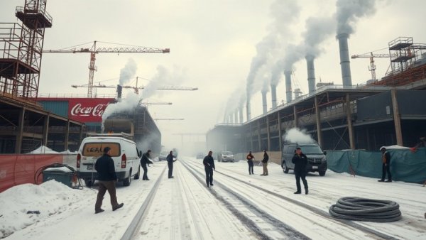 Expansive winter construction challenges with tarps and steam at a site