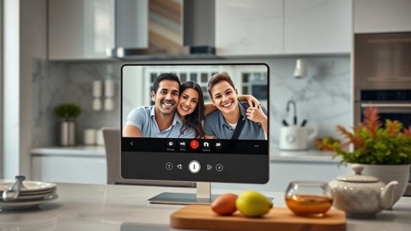 Google Nest smart display video call with family in kitchen.