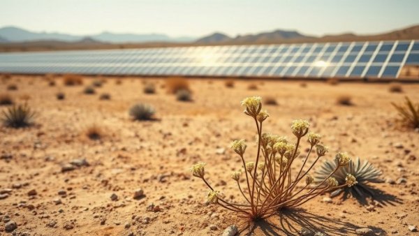 Mojave milkvetch thriving near Gemini solar array in desert landscape.