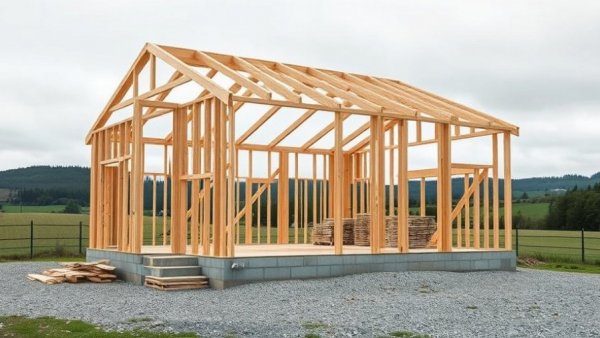 Construction site with house frame and roofing materials.