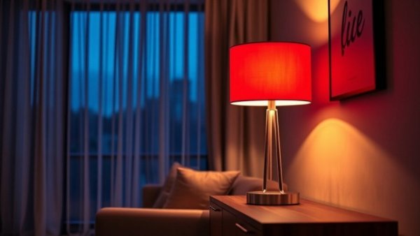 Philips Hue smart lamp casting blue and red light in a modern room.