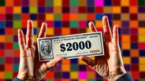 Graphic showing $2,000 U.S. Treasury checks with gesturing hands.