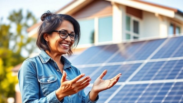 Woman explaining leasing solar panels with a home in the background.