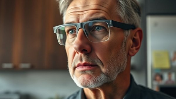 Middle-aged man with smart glasses in a kitchen, warm lighting.