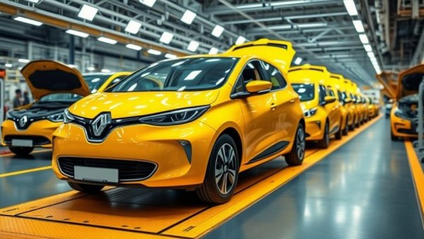 Renault Group reintegrates Ampere EV division showcasing electric vehicles on assembly line.