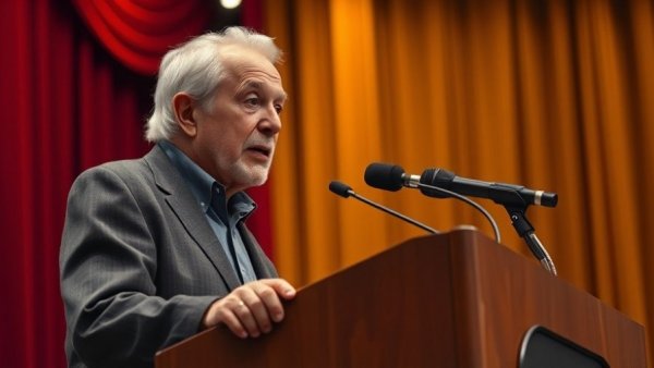 Elderly man speaking at a podium in a warm-lit event.